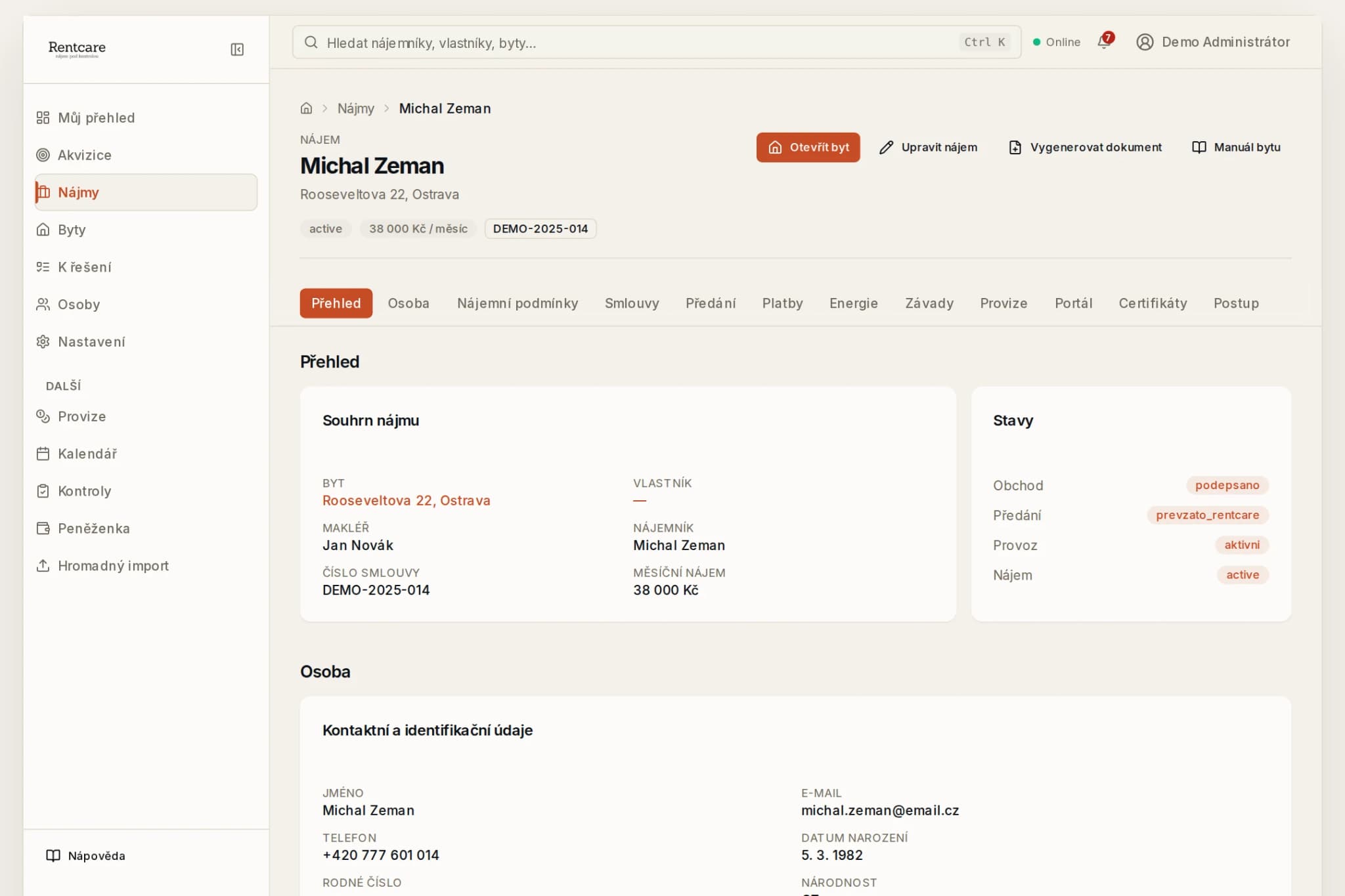 Detail aktivního nájmu v aktuální verzi systému Rentcare